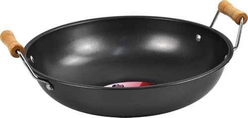 LAVV HOUSEWARES LTD Non Stick Carbon Steel Flat Bottom Stir Fry Wok with Wooden Handle (32cm, Short Handle)