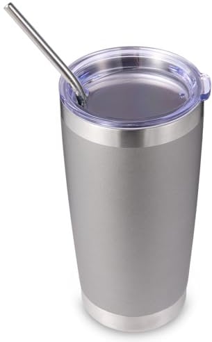 Volhoply 20oz 550ml Travel Insulated Tumbler with Lid and Straw, Double Wall Insulated Travel Iced Coffee Mug Fits Car Cup Holder,Powder Coated Cups for Hot & Cold Drinks, BPA Free(Gray,1 Set)