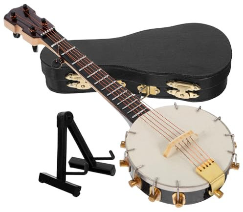 ABOOFAN Miniature Banjo Model with Stand and Storage Case Wooden Mini Musical Instrument for Home Decor and Realistic Small Banjo Ornament for Display