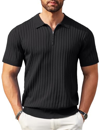 COOFANDY Polo Shirts for Men Adult Zipper Short Sleeve Polos Summer Slim Fit Stretch Stripe Polo Shirt Black XXL