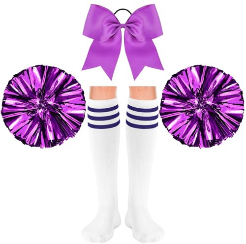 Sinmoe 4er Set Halloween Cheerleader Kostüm Zubehör 2 Cheerleading Pompons aus Metallfolie 1 Groß Haarschleife Cheerleader Haar Bögen 1 Paar Sport Therme Kniestrümpfe für Tanz Wettbewerb (Lila)