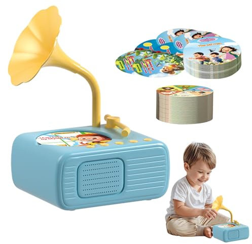 Tocadiscos para niños, juguete de gramófono para niños pequeños - Disco de vinilo para niños con 96 tarjetas - Reproductor de música de cuentos infantiles con 96 cartas para niñas y niños de 3 a 12