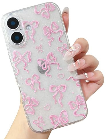 ZTOFERA Case for iPhone 16 Plus, Glitter Clear Case with Cute Bowknot Pattern, Girls Women Bling Sparkle Transparent Soft Flexible TPU Shockproof Protective Phone Case, Large Pink Bow
