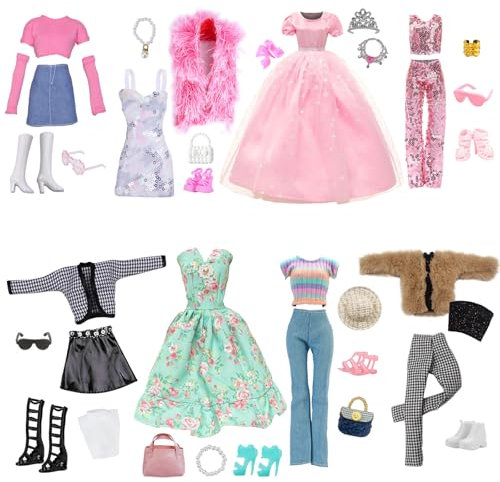 28 Stück Kleidung und Zubehör für 11.5 Zoll Doll 8 Outfits Kleid Casual Wear Fashion Set Pailletten Set 8 Schuhe 12 Zubehör Tasche Hut Dekorationen Weihnachten Geschenke für Mädchen