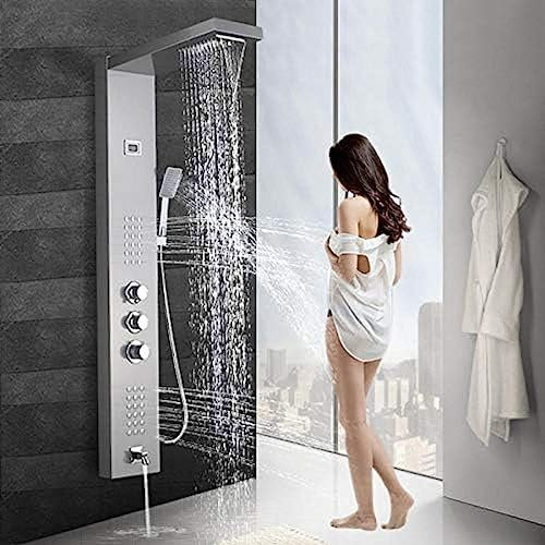 NTALJC Panneau de Douche Cascade de Pluie, Jets de Massage, Colonne de Douche, mitigeur thermostatique, Robinet de Douche, Tour de Bec de Baignoire, Bronze Noir, Nickel brossé