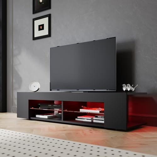 SIRHONA Meuble TV Noir, Meuble Tele avec LED, Éclairage LED RGB avec Couleur réglable, avec Étagères Ouvertes en Verre, 135x39x30cm, Convient pour Salon ou Chambre