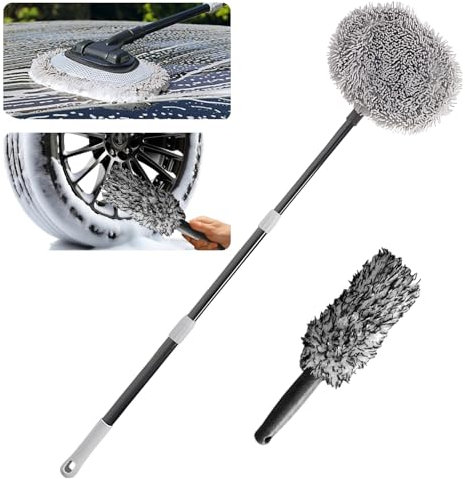 YYBAO Autowaschbürste mit Radbürste, 120CM WaschbürsteAuto mit Stiel, 120° Drehbare Reinigungsbürste Auto mit Austauschbaren Mikrofaser-Wischmoppkopf, Reinigungsbürste für Auto, LKW, Wohnmobil