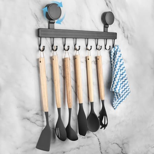 Rzspher Hakenleiste Küche, 40 CM Hakenleiste Ohne Bohren, 8 Beweglichen Haken, Aluminium, Wandmontage, Für Schlafzimmer Bad Küche Garderobe Garderobenleiste Wandgarderobe