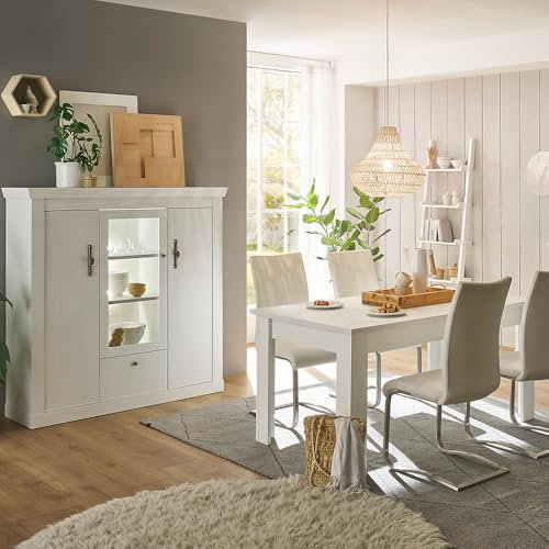 Lomadox Esszimmer Esszimmermöbel Set 2-teilig mit Beleuchtung, Pinie weiß im Landhaus-Stil, 1 Highboard, 1 Esstisch