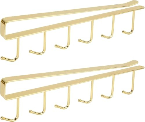 sifteng 2 Pcs Mug Hanger Mug Hooks Under Cabinet 6 Hooks, Coffee Mug Holder Hooks Hanging Rack Under Shelf for Cups Kitchen Utensils, Fit for 0.9 in Thickness Shelf or Less (Gold)