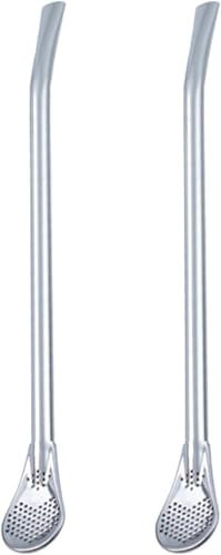2Pcs Straw Spoon, Straw Spoon Long Handle Mixing Yerba Mate Berry Spoons Stainless Steel Bombilla Filter Teaspoon for Party Espresso Machine Accessories