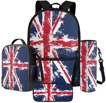 Nittanovaca Union Jack Printed Schoolbag for Kids,Backpack with Lunch Box Pen Bag Water Bottle Sleeve 4 Piece Set,Knapsack Set for Preschool