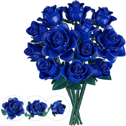 Booyuer Blaue Rosen Blumen Bausteine, 634 PCS Blumenstrauß Verstellbare Blütenblätter & Blätter, Flowers Kit Geschenk für Erwachsene & Kinder Geburtstag, Muttertag, Valentinstag für Sie oder Ihn