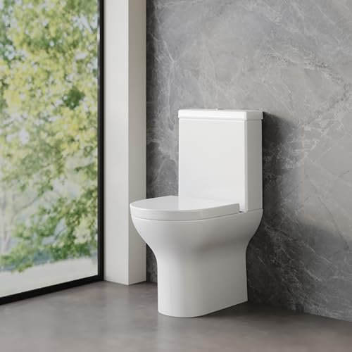 Ultra Short Projection (560mm) Rimless D-Shape Toilet Pan, Cistern & Heavy Duty Soft Close Seat with Quick Release Chrome Hinges & Chrome Dual Flush Button