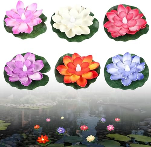 GINGER TECH 6pcs Floating Lotus Light for Pond, 3.9 Solar Pond Lights Led Floating Flower Light Battery Operated Activated Water Lily for Garden, Yard, Swimming Pool, Pond, Fountain, Aquarium