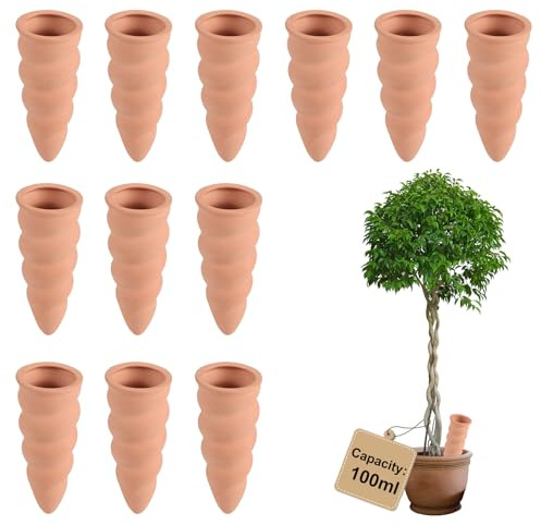 EXLECO 12 × 100ml Terracota Cono de Tipo Roscado Riego Automati, Maceta Autorriego, Regadera Plantas para Tiestos Interior, Self Watering por Goteo, Globos de Regar Plantas Vacaciones