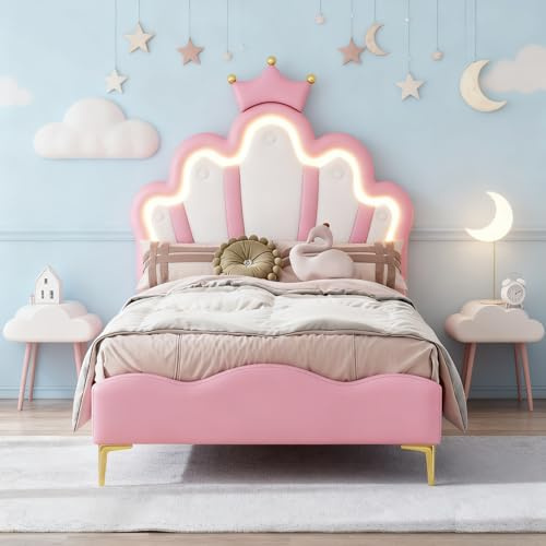 Yeutre Kinderbett für Mädchen, 90 x 200 cm, mit LED-Rahmen, gepolstertes Einzelbett mit Kronenkopf, Bettrahmen für Erwachsene und Jugendliche, ohne Matratze, PU (Rosa C, 90 x 200 cm)