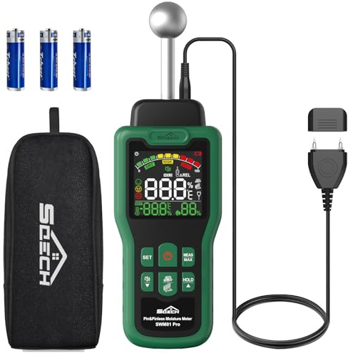 Medidor de Humedad SQECH con Sensor de Sonda | Detector de Humedad Multifuncional con Termómetro, Pantalla LCD a color, Alarma, para Paredes, Madera