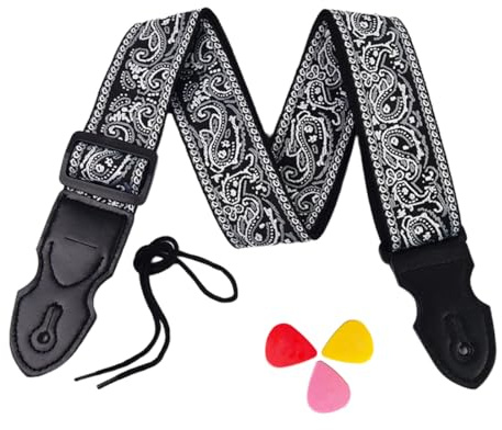 COYUN Gitarrengurt, Verstellbarer Gitarren-Gurt Gitarrenband Guitar Strap Baumwollgitarrengurte Vintage bestickt Gitarrengurte mit Plektrum, Gitarren gurt für Bass, Akustikgitarre, E-Gitarre(Schwarz)
