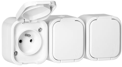 MIRATIC Triple Prise en Saillie Etanche IP54 Bloc 3 Prises pour Montage en Surface avec Clapet de Protection Prise Electrique Murale Robuste pour Garage Atelier et Locaux Professionnels (blanc)
