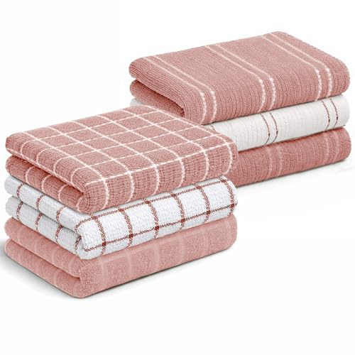 Velosso Pack of 6-100% Cotton Striped & Checked Tea Towels Set – Kitchen Towels, Soft Absorbent Everyday Dish Cloths for Drying & Cleaning (Pink)