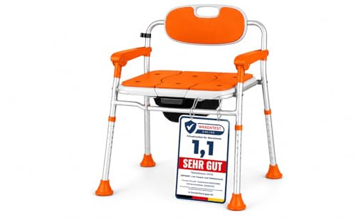 ESPODAY Duschstuhl faltbar, höhenverstellbar, robuster Toilettenstuhl bis 150 kg belastbar, rutschfeste WC Sitzhilfe mit Rückenlehne/Armlehnen - Deutsche Anleitung und QR-Code.