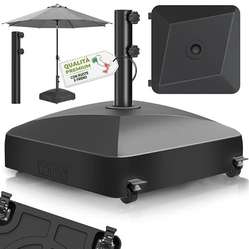 tillvex® Base de sombrilla GRAVIA con Ruedas y Frenos | Soporte de lastre rellenable 37L / 56kg | Pie para Parasol y sombrilla de Mercado Ø 1,8-3,7m | Resistente a la Intemperie y UV (Negro)