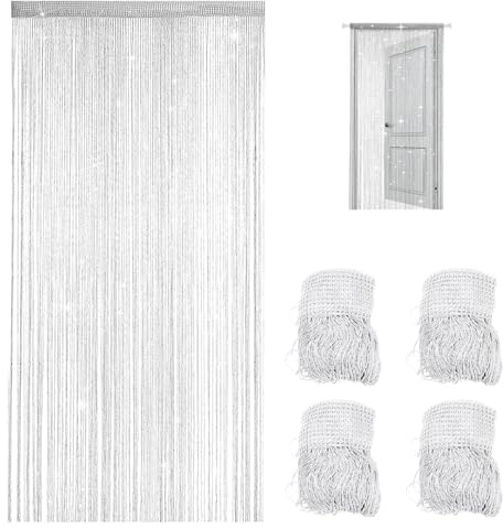 Bcuuozeeing 4 Stück Fadenvorhang Türvorhang, 100x200cm Fadengardine Glitzer, Raumteiler, Fadenvorhang Insektenschutz, Zimmer Fransenvorhang Geeignet für Hochzeiten, Cafés, Restaurants, Türen, Weiß