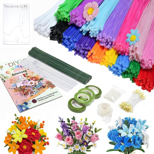 800 Stück Pfeifenreiniger Blumen Set, 16 Farben Pfeifenputzer zum Basteln | Mit Anleitung, Grüne Blumenstöcke, Klebebandrollen, Klebestifte, Bänder und Blumenstraußverpackungen