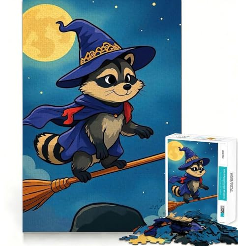 1000 Piece Jigsaw Puzzles Cartoon Raccoon Witch Flying on Broom Accurate Cut Fun Mental Challenge Toy Rest Time Game Birthday Art Play (38x52cm)