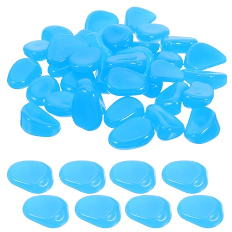 INOOMP 50 Pièces Galets Phosphorescents Bleus en Résine pour Aquarium et Allée, Décoratifs, Résistants à L'eau Effet Lumineux Solide, Poids 160g, pour Aménagements Extérieurs