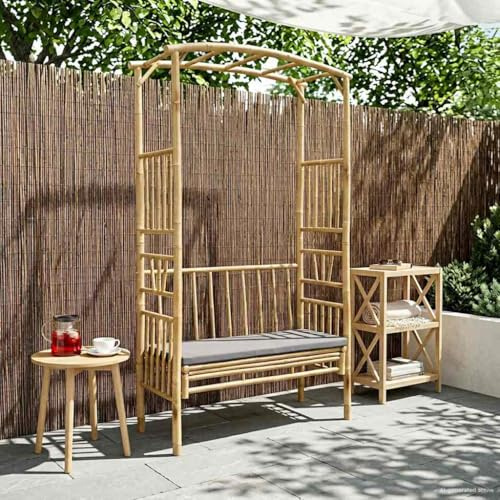 Arche de jardin avec banc, gris foncé, bambou, 115 x 50 x 205 cm, autoportante, avec treillis, pergola et brise-vue pour jardin, terrasse, balcon, pavillon, roses, clématites, vigne