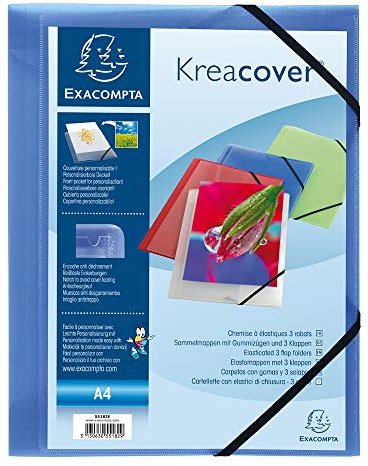 Exacompta 55182E Einschlagmappe Kreacover. Aus Kunststoff DIN A4 mit 2 Gummizügen und 3 Klappen blau Sammelmappe Dokumentenmappe ideal für Büro und Schule