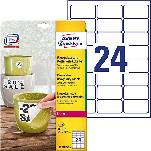 AVERY Zweckform L4773REV-20 Wetterfeste Folienetiketten (480 Aufkleber, 63,5x33,9mm auf A4, selbstklebend, wasserfest, wiederablösbar, strapazierfähig, bedruckbare Outdoor Klebefolie) 20 Blatt, weiß