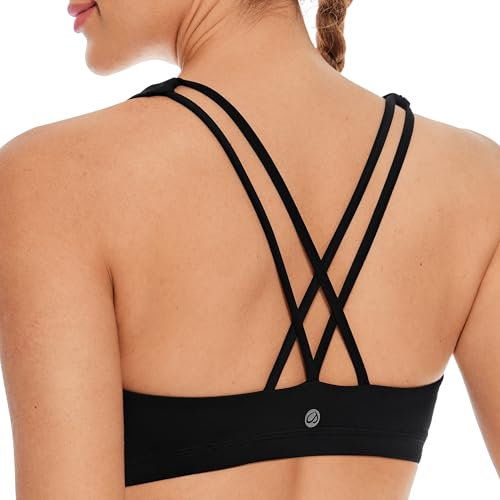 CRZ YOGA Damen Yoga Sport BH - Gekreuzte Rücken Crop Tops Gepolstert Sports Bra Padded Cropped Top Schwarz M