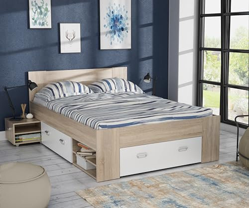 Forte BOB Bett mit 3 Schubladen, Holzwerkstoff, Sonoma Eiche/weiß, B x H x T: 203,6(260) x 86 x 143,4(260) cm