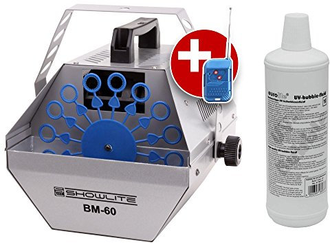 Showlite BM-60 Seifenblasenmaschine 60W mit Funk Fernbedienung und 1L Eurolite UV-Fluid rot (0,6l Tank, 2-3 Stunden Laufzeit bei vollem Tank, Party Effekt, Disco Bubbles)