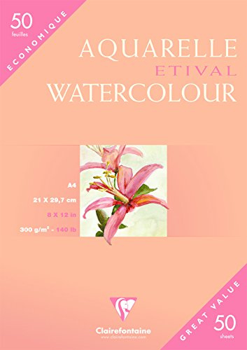Clairefontaine 96469C cold pressed Etival Aquarellpapier Mappe (50 Bögen, feinkörnig, 100% Zellulose, matt, geeignet für Schüler oder Anfänger, 300 g, DIN A4 21 x 29,7 cm) weiß