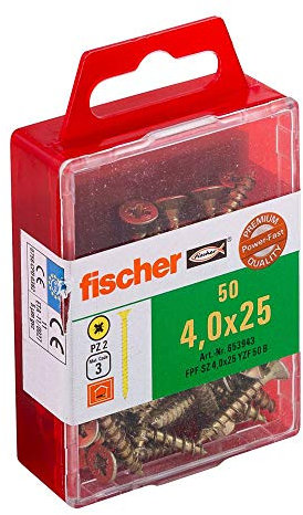Fischer 653943 Power-Fast Lot de 50 Vis à tête fraisée 4,0 x 25 mm VG PZ galvanisée Jaune