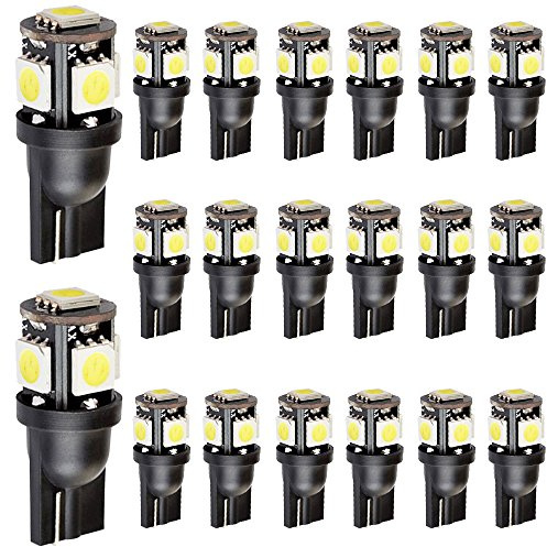 20Pcs Blanc T10 194 168 2825 158 W5W 5050 5-SMD Ampoules LED | Convient aux liseuses et éclairages de coffre, porte, intérieur et plaque d’immatriculation