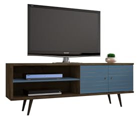 Manhattan Comfort Liberty Collection Mid Century Modern TV Stand With One Cabinet and Three Open Shelves and One Cubby With Splayed Legs, White/Wood