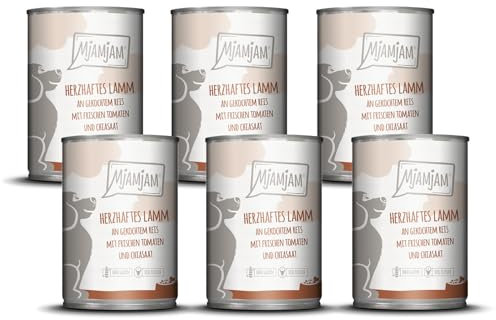 MjAMjAM - Premium Nassfutter für Hunde - herzhaftes Lamm an gekochtem Reis mit frischen Tomaten, 6er Pack (6 x 400 g), naturbelassen mit extra viel Fleisch