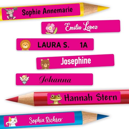 Sunnywall® Namensaufkleber Kinder – Stifteaufkleber personalisiert für Schule & Kita, ideal für Stifte & Schulsachen, wasserfest & spülmaschinenfest, extra starker Halt (Pink)