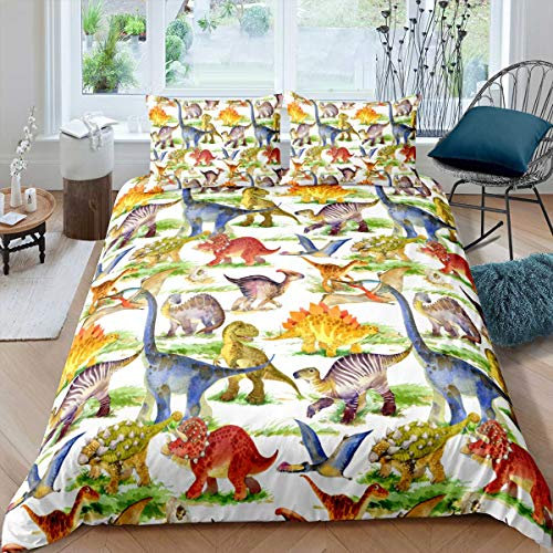 Loussiesd Cartoon Muster Bettwäsche Set Kinder Kids Dinosaurier Bettbezug mit 2 Kissenbezug 3 teilig 155x220cm+80x80cm Weiche Atmungsaktive Polyster Betten Set Dino mit Reißverschluss, Jungen