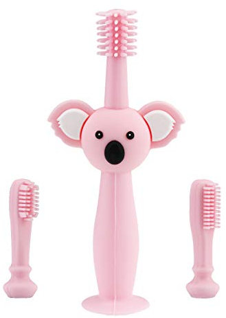 Vicloon Baby Zahnbürsten, Baby Cartoon Silikon Zahnbürste, Saugnapf-Design, Baby Mundpflege Einschließlich Aufbewahrungsbox & 2 Stück Austauschbare BürstenKöpfen - für ab 6+ Monate Koala