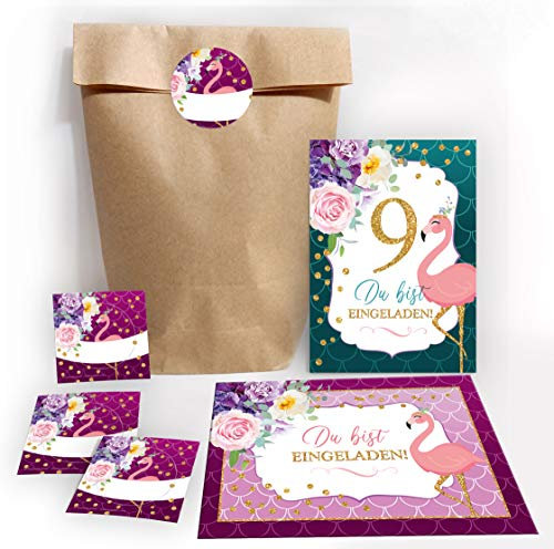 JuNa-Experten 12 Einladungskarten zum 9. Kindergeburtstag Mädchen Flamingo Einladungen zum neunten Geburtstag incl. 12 Umschläge, 12 Tüten/natur, 12 Aufkleber