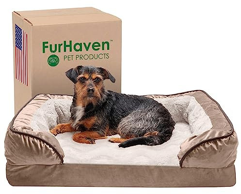 Furhaven Medium Memory Foam Dog Bed Perfect Comfort Plush & Velvet Waves Sofa-Style w/Removable Washable Cover - Brownstone, Medium