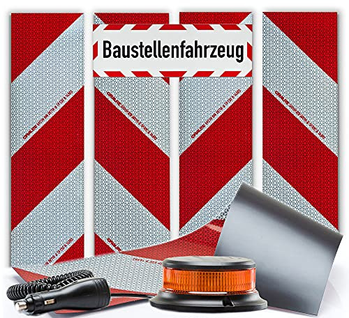 UvV Kfz-Warnmarkierung DIN 30710 Set 4 x 564x141mm + LED Blitzer magnetisch + Baustellenfahrzeug Magnetschild 450x150cm