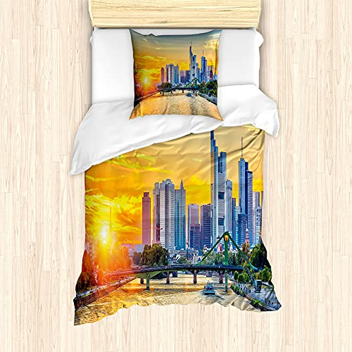 ABAKUHAUS Fernweh Bettbezug Set für Einzelbetten, Frankfurt Architektur, Milbensicher Allergiker geeignet mit Kissenbezug, 135 cm x 200 cm - 80 x 80 cm, Marigold Blau