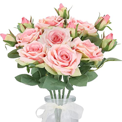 RADCANE 6 Pezzi Rose Finte Rosso Mazzo Fiori Finti 45cm/17.7in Fiori Artificiali per Esterni Rosa Artificiali Bouquet di Rose Artificiali in Seta per Matrimoni Casa Festa Giardino